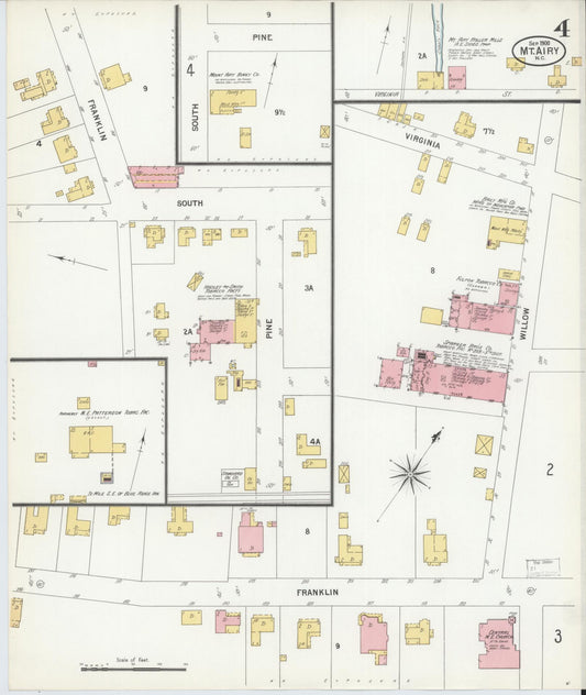 Sanborn Fire Insurance Map from Mount Airy, Surry County, North Carolina (1900), Sheet #0004 - Historic Sanborn Fire Insurance Map Print, vintage old map wall art, antique decor, genealogy gift, North Carolina North Carolina map