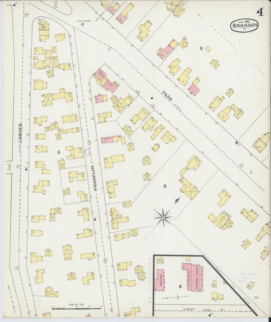Sanborn Fire Insurance Map from Brandon, Rutland County, Vermont (1892), Sheet #0004 - Historic Sanborn Fire Insurance Map Print, vintage old map wall art, antique decor, genealogy gift, Vermont Vermont map