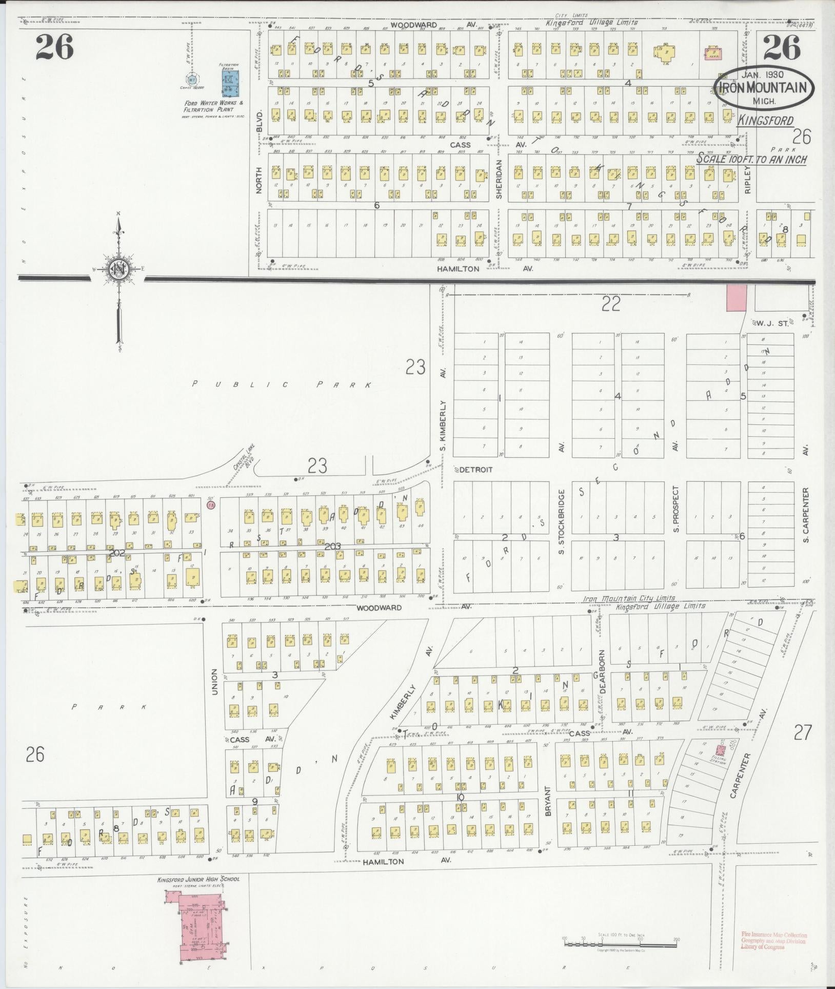 Sanborn Fire Insurance Map from Iron Mountain, Dickinson County, Michigan (1930), Sheet #0026 - Complete Map Set gallery image, historic Sanborn map, vintage wall art, Michigan Michigan