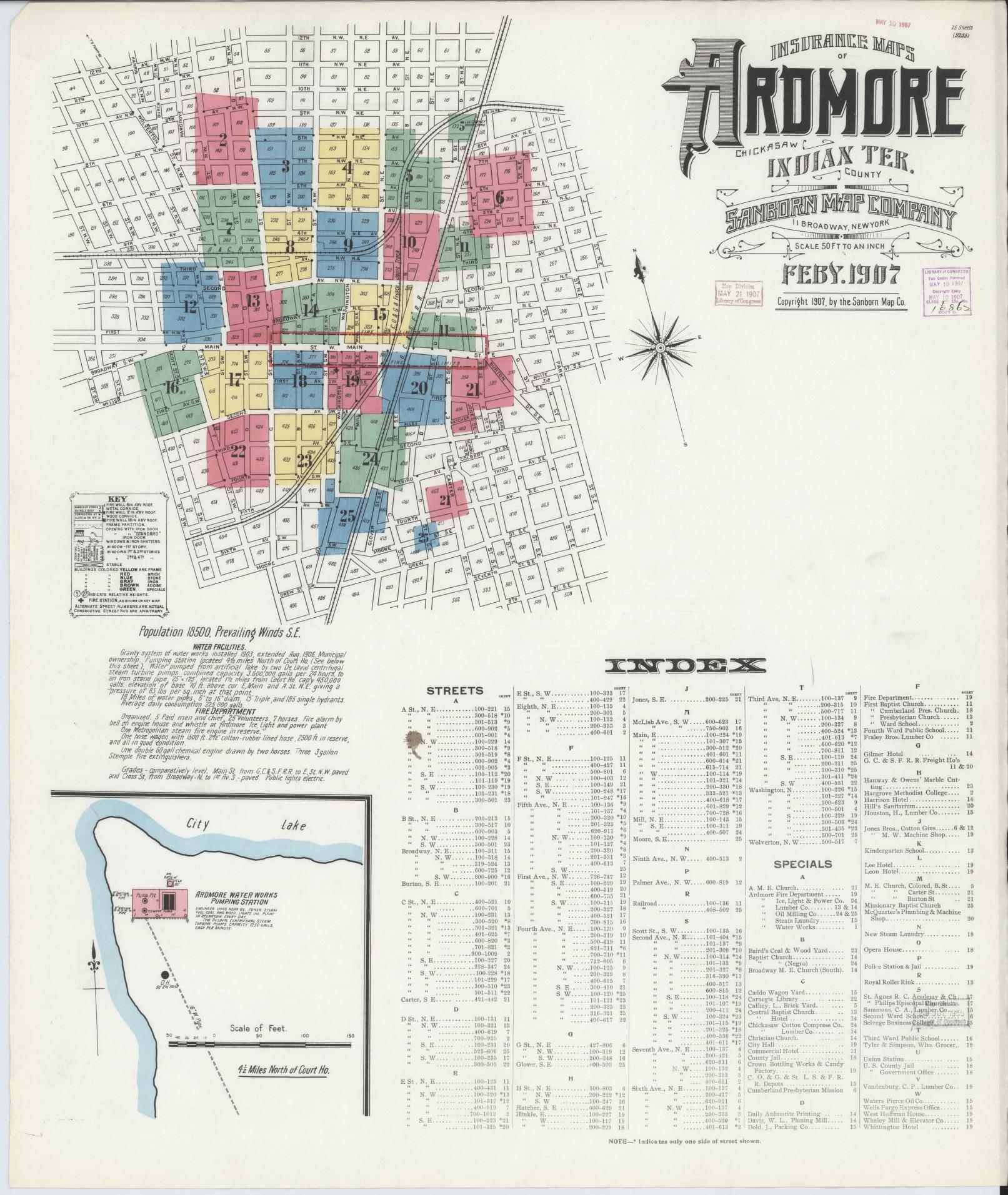 Sanborn Fire Insurance Map from Ardmore, Carter County, Oklahoma (1907), Sheet #0001 - Complete Map Set gallery image, historic Sanborn map, vintage wall art, Oklahoma Oklahoma
