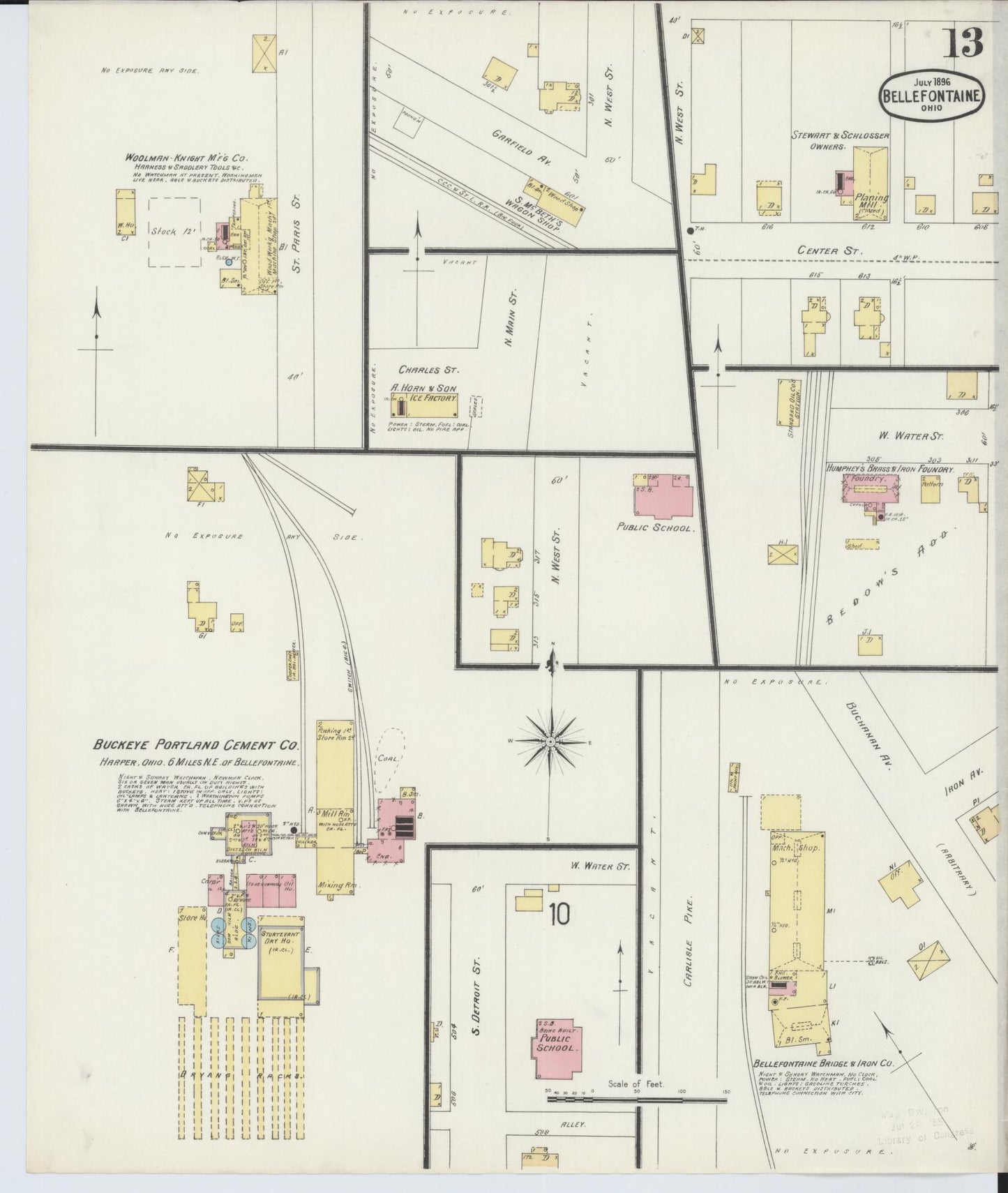 Sanborn Fire Insurance Map from Bellefontaine, Logan County, Ohio (1896), Sheet #0013 - Historic Sanborn Fire Insurance Map Print, vintage old map wall art, antique decor, genealogy gift, Ohio Ohio map