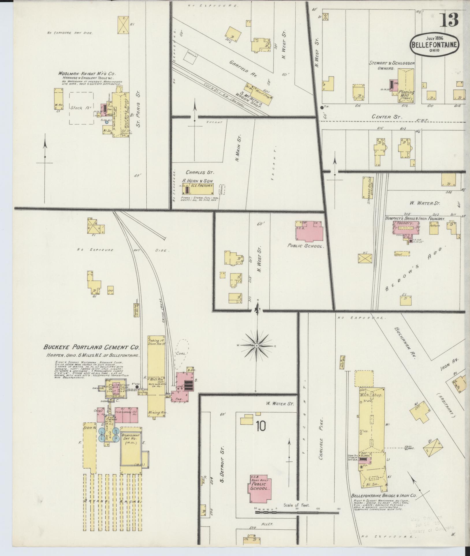 Sanborn Fire Insurance Map from Bellefontaine, Logan County, Ohio (1896), Sheet #0013 - Historic Sanborn Fire Insurance Map Print, vintage old map wall art, antique decor, genealogy gift, Ohio Ohio map