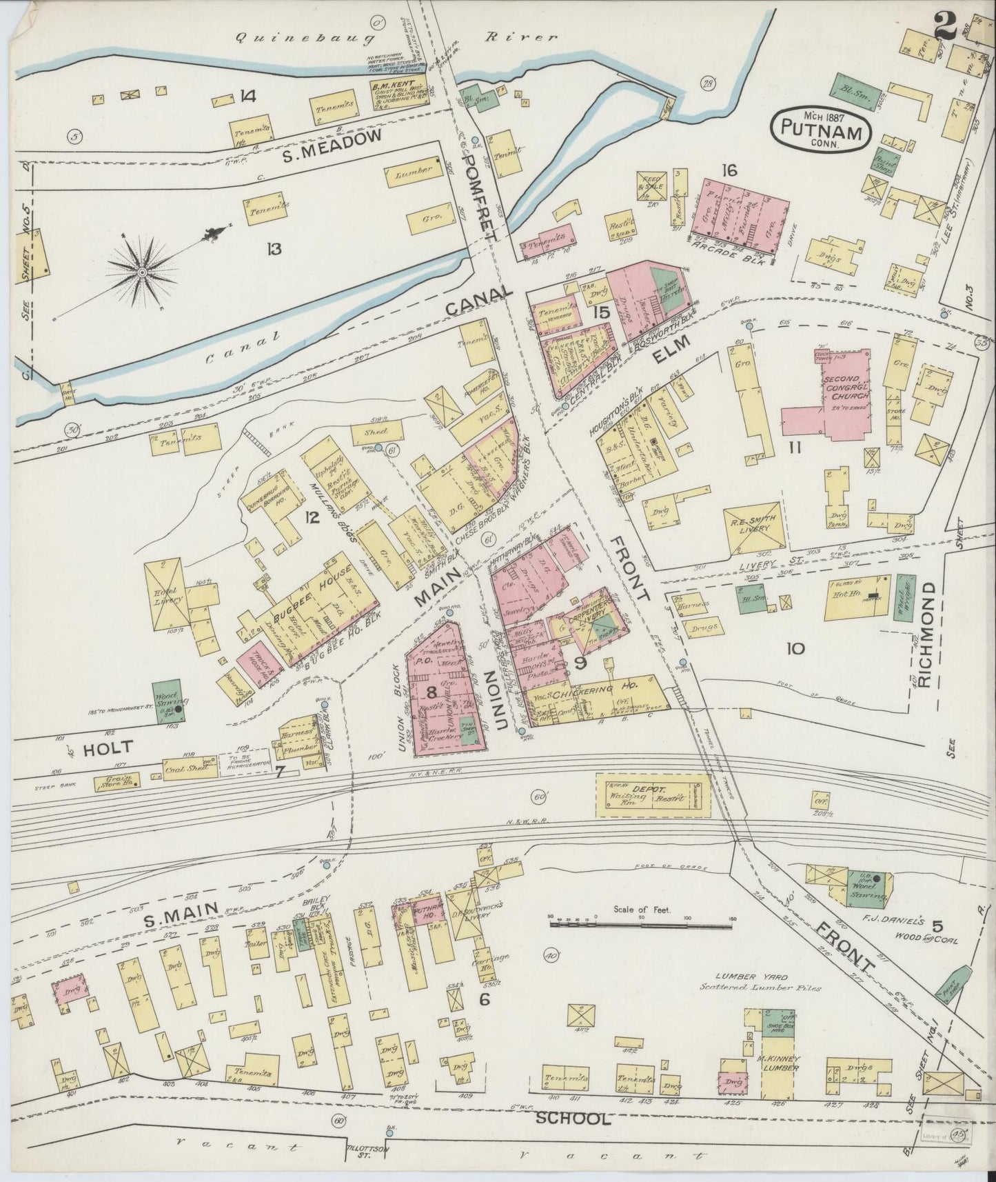 Sanborn Fire Insurance Map from Putnam, Windham County, Connecticut (1887), Sheet #0002 - Historic Sanborn Fire Insurance Map Print, vintage old map wall art, antique decor, genealogy gift, Connecticut Connecticut map