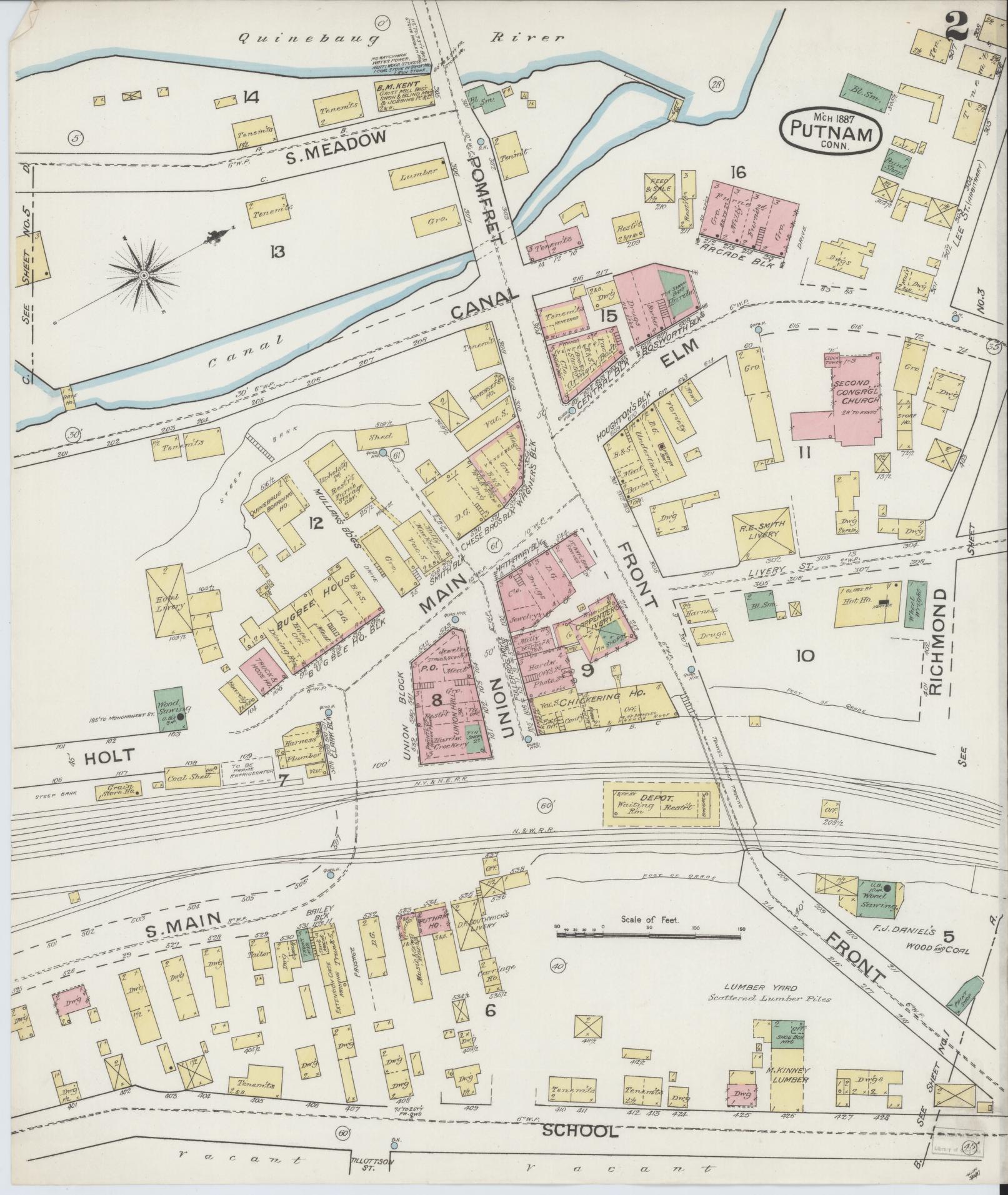 Sanborn Fire Insurance Map from Putnam, Windham County, Connecticut (1887), Sheet #0002 - Historic Sanborn Fire Insurance Map Print, vintage old map wall art, antique decor, genealogy gift, Connecticut Connecticut map