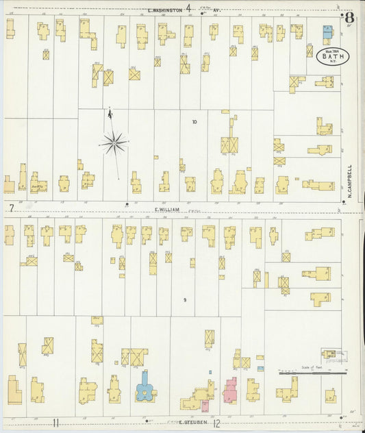 Sanborn Fire Insurance Map from Bath, Steuben County, New York (1904), Sheet #0008 - Historic Sanborn Fire Insurance Map Print, vintage old map wall art, antique decor, genealogy gift, New York New York map