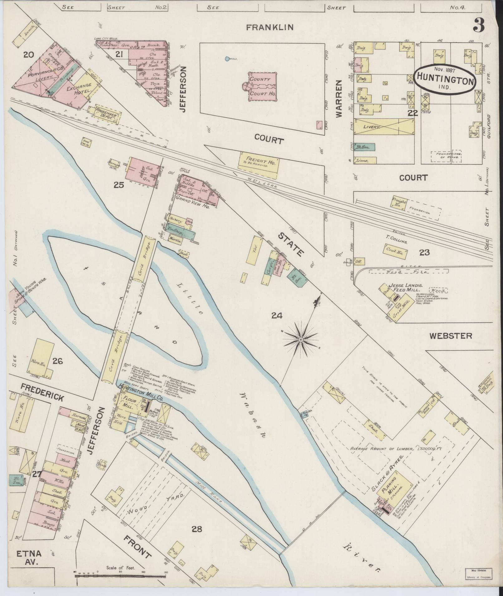 Sanborn Fire Insurance Map from Huntington, Huntington County, Indiana (1887), Sheet #0003 - Historic Sanborn Fire Insurance Map Print, vintage old map wall art, antique decor, genealogy gift, Indiana Indiana map