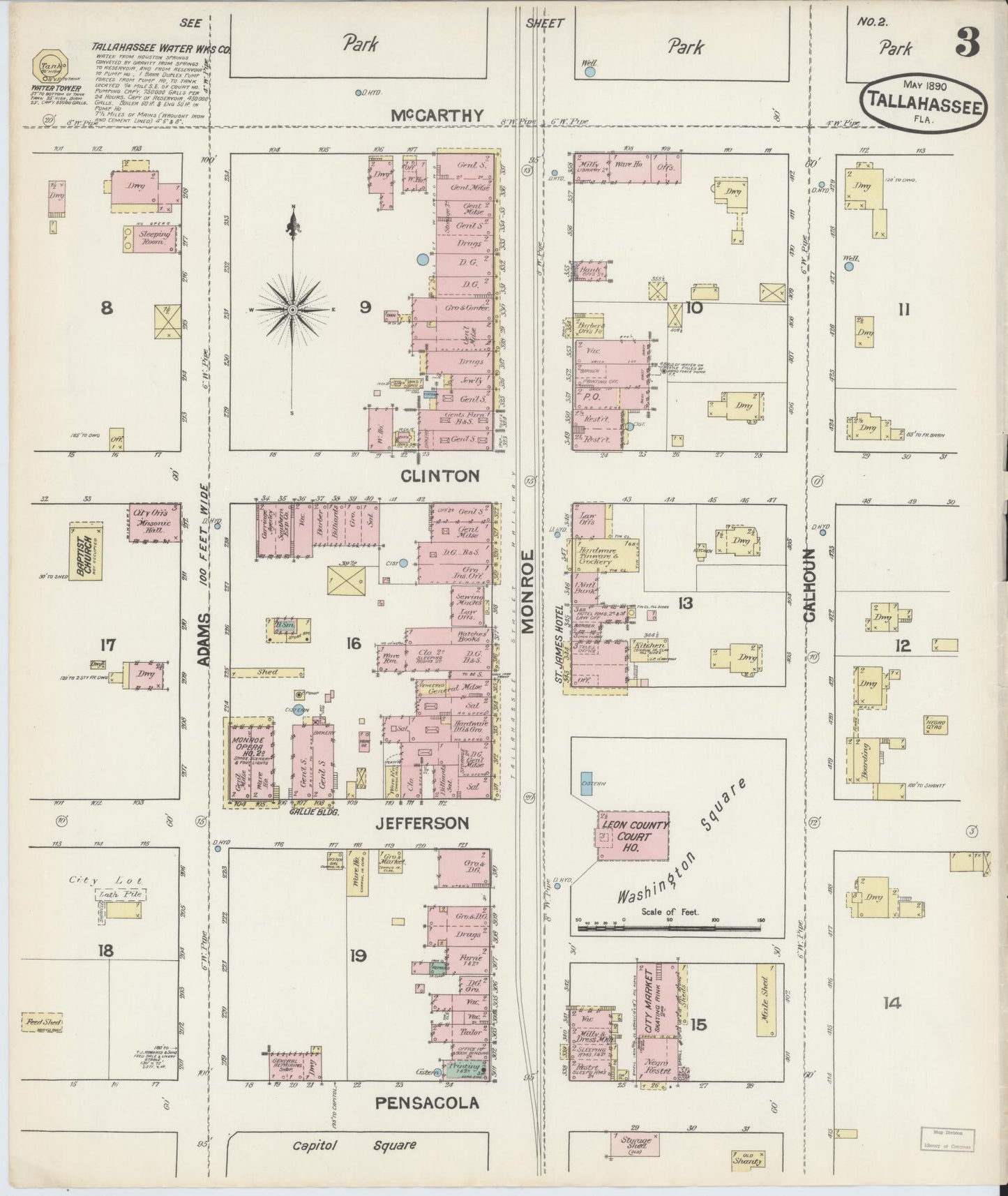 Sanborn Fire Insurance Map from Tallahassee, Leon County, Florida (1890), Sheet #0003 - Complete Map Set gallery image, historic Sanborn map, vintage wall art, Florida Florida