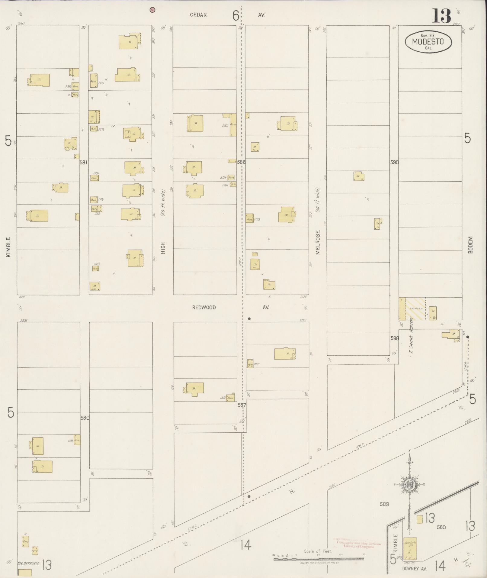 Sanborn Fire Insurance Map from Modesto, Stanislaus County, California (1919), Sheet #0013 - Complete Map Set gallery image, historic Sanborn map, vintage wall art, California California