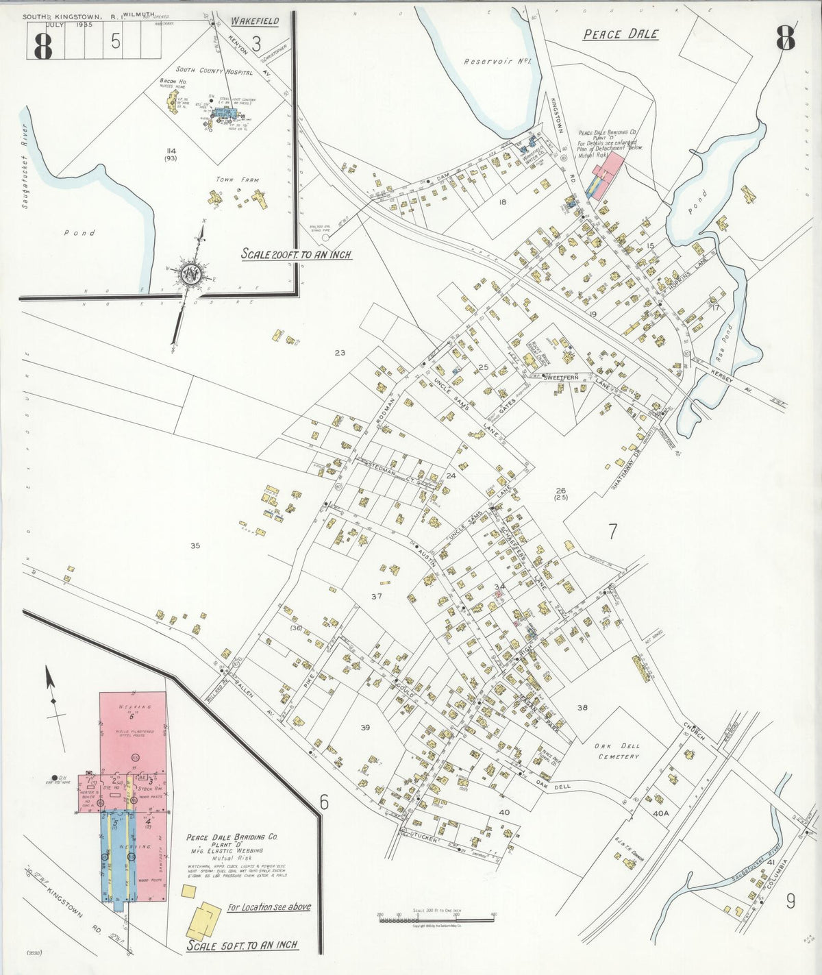 Sanborn Fire Insurance Map from South Kingstown, Washington County, Rhode Island (1935), Sheet #0008 - Historic Sanborn Fire Insurance Map Print, vintage old map wall art, antique decor, genealogy gift, Rhode Island Rhode Island map