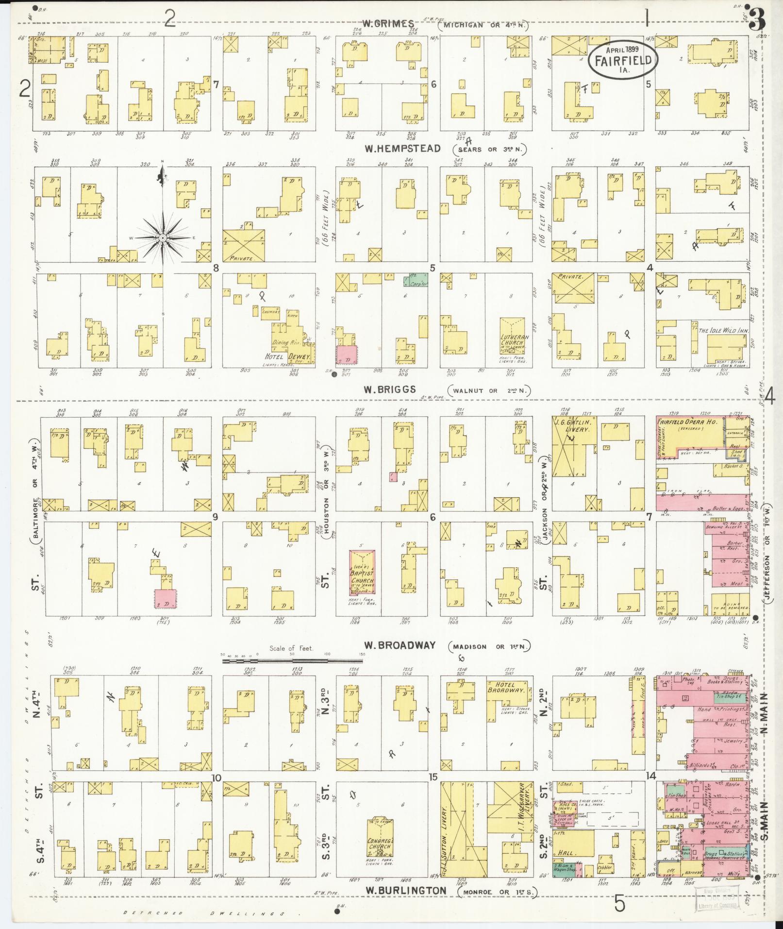 Sanborn Fire Insurance Map from Fairfield, Jefferson County, Iowa (1899), Sheet #0003 - Historic Sanborn Fire Insurance Map Print, vintage old map wall art