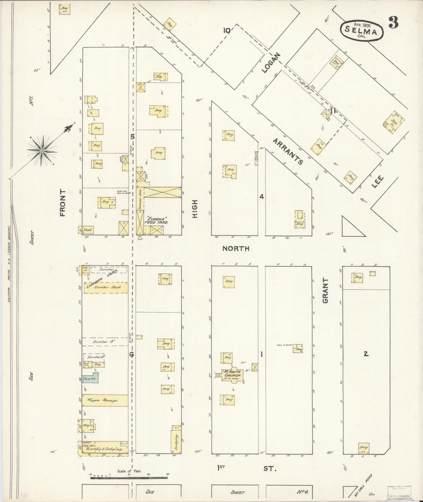 Sanborn Fire Insurance Map from Selma, Fresno County, California (1891), Sheet #0003 - Complete Map Set gallery image, historic Sanborn map, vintage wall art, California California