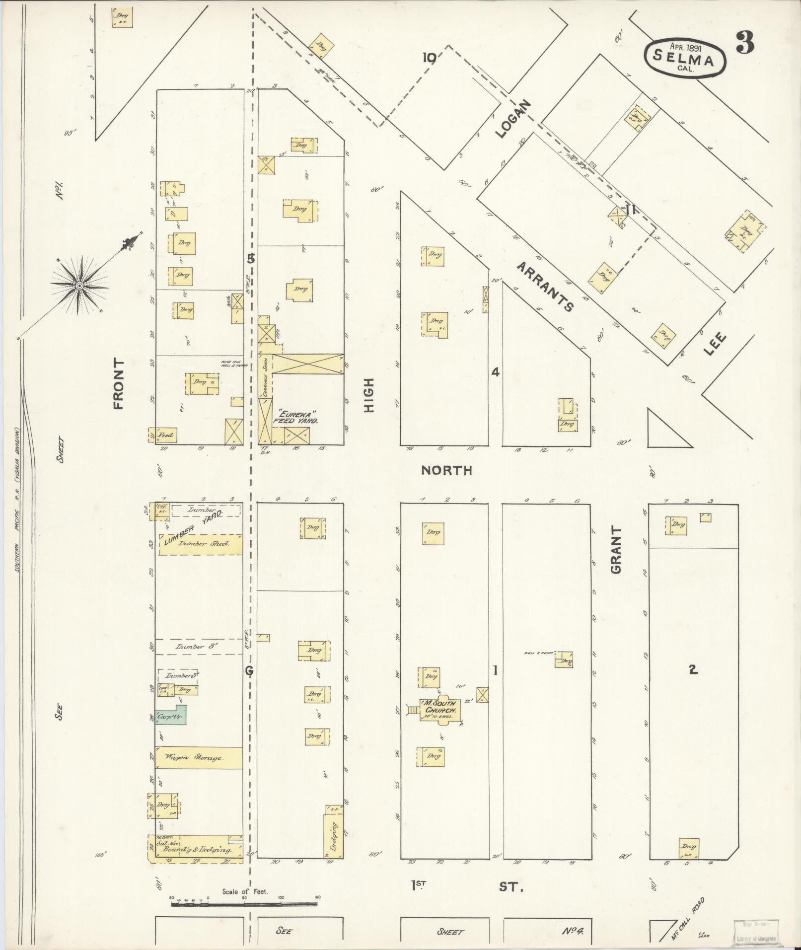 Sanborn Fire Insurance Map from Selma, Fresno County, California (1891), Sheet #0003 - Complete Map Set gallery image, historic Sanborn map, vintage wall art, California California