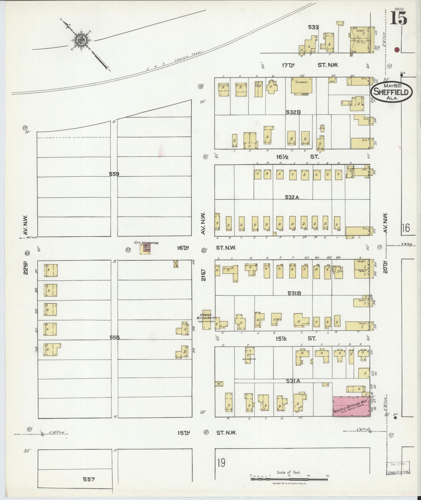 Sanborn Fire Insurance Map from Sheffield, Colbert County, Alabama (1921), Sheet #0015 - Complete Map Set gallery image, historic Sanborn map, vintage wall art, Alabama Alabama