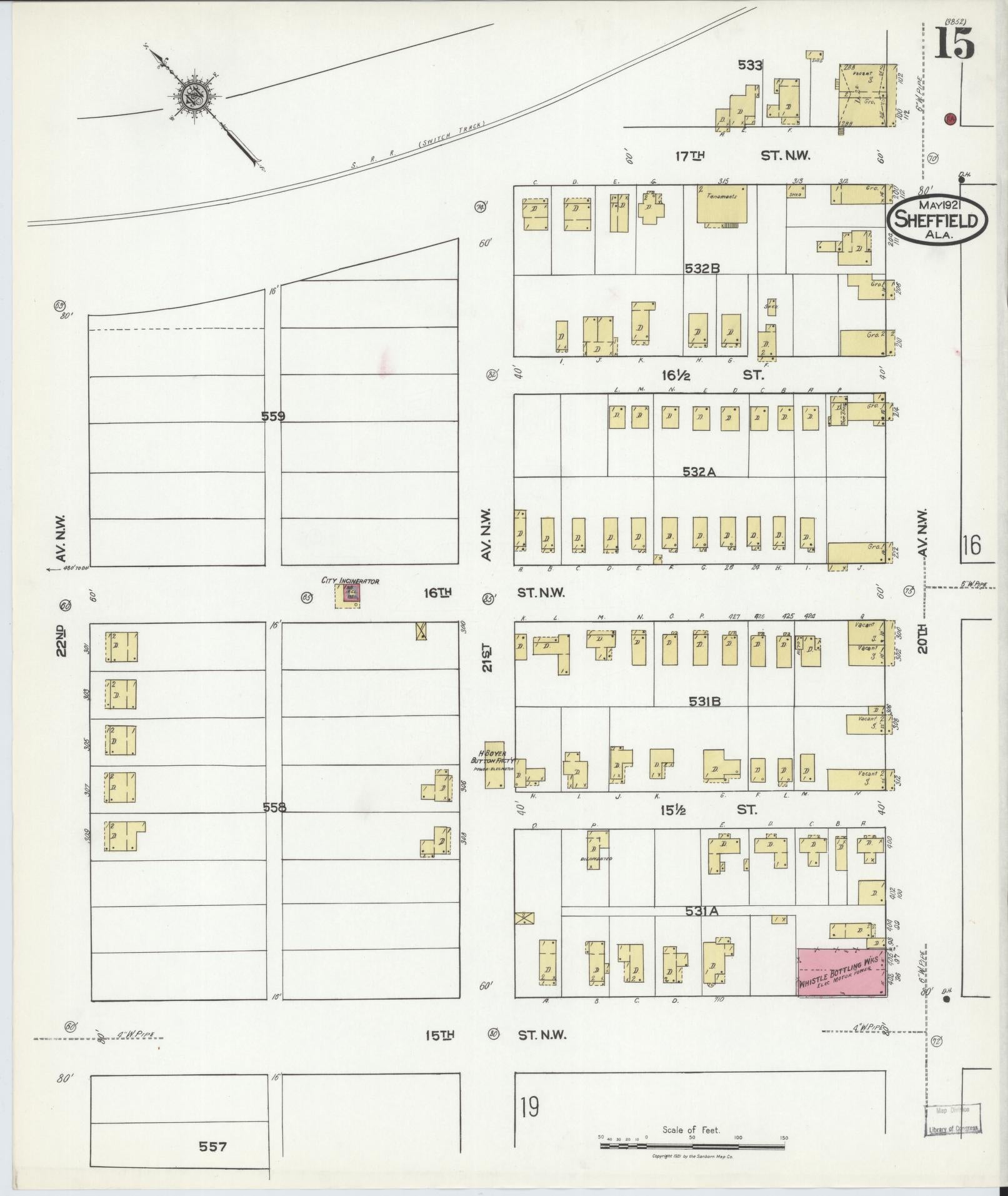 Sanborn Fire Insurance Map from Sheffield, Colbert County, Alabama (1921), Sheet #0015 - Complete Map Set gallery image, historic Sanborn map, vintage wall art, Alabama Alabama