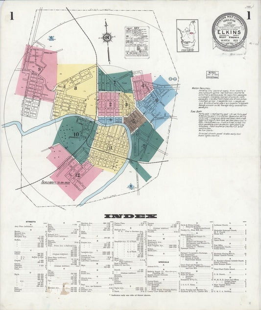 Sanborn Fire Insurance Map from Elkins, Randolph County, West Virginia (1923), Sheet #0001 - Complete Map Set gallery image, historic Sanborn map, vintage wall art, West Virginia West Virginia