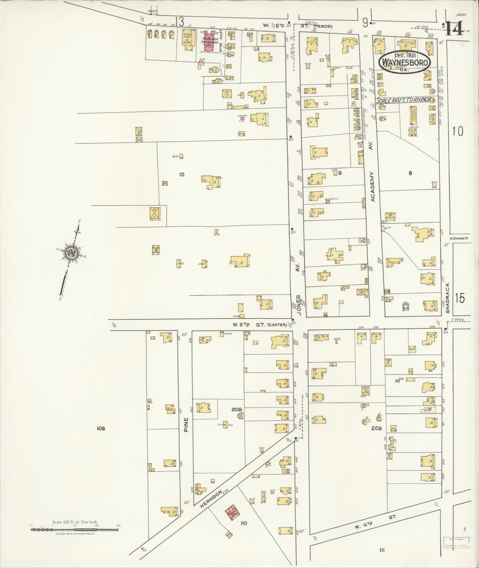 Sanborn Fire Insurance Map from Waynesboro, Burke County, Georgia (1921), Sheet #0014 - Complete Map Set gallery image, historic Sanborn map, vintage wall art, Georgia Georgia