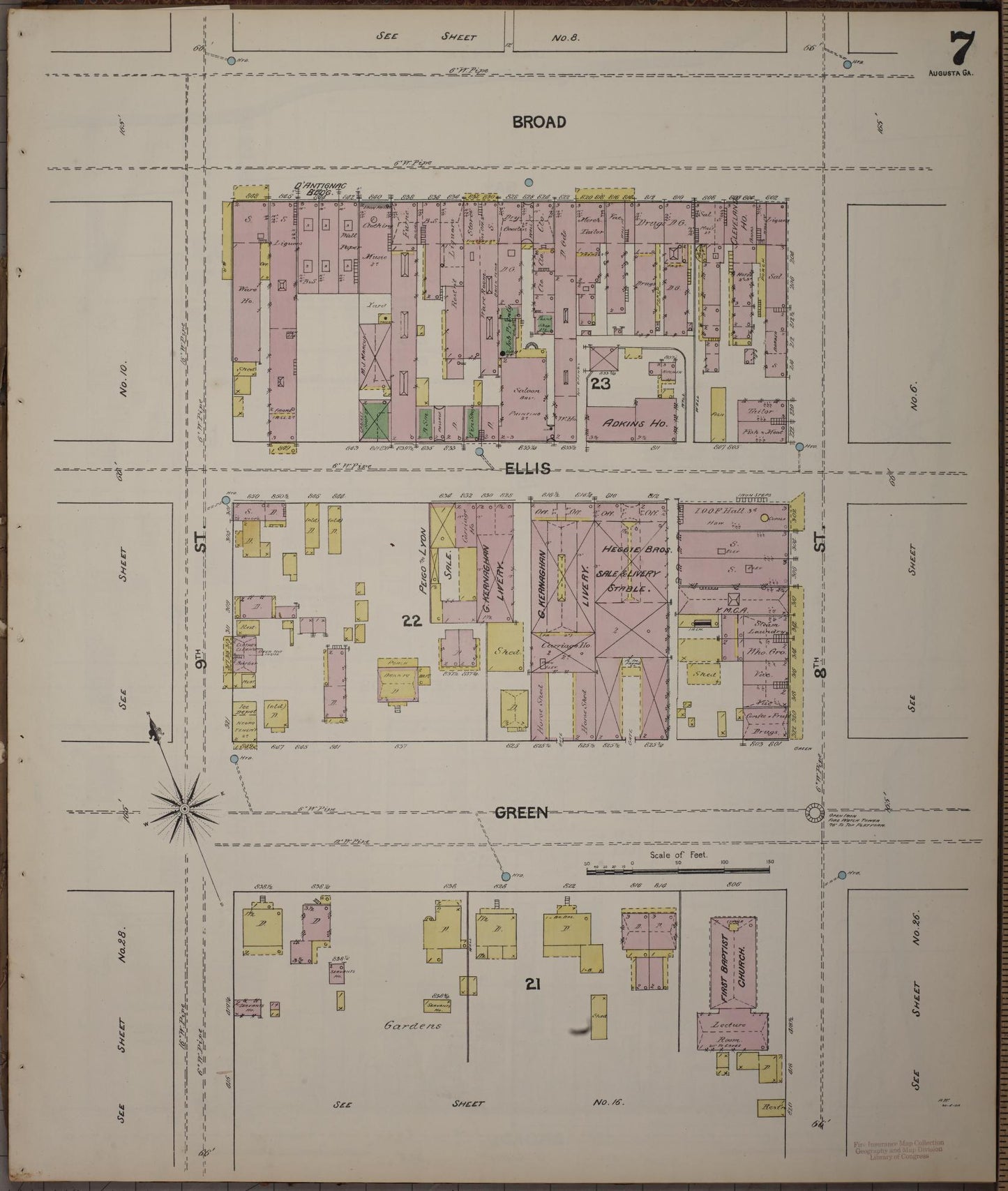 Sanborn Fire Insurance Map from Augusta, Richmond County, Georgia (1890), Sheet #0007 - Historic Sanborn Fire Insurance Map Print, vintage old map wall art, antique decor, genealogy gift, Georgia Georgia map
