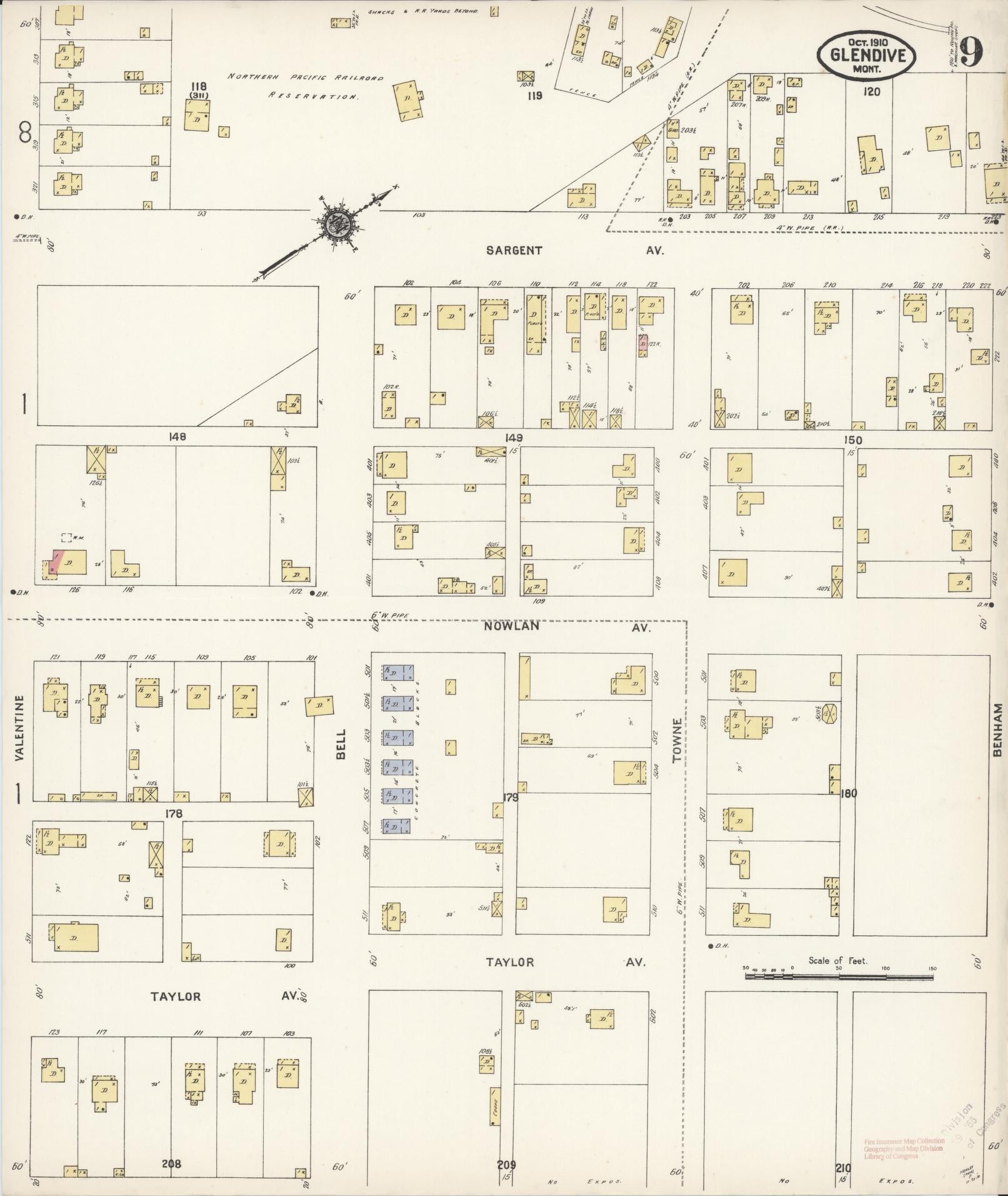 Sanborn Fire Insurance Map from Glendive, Dawson County, Montana (1910), Sheet #0009 - Historic Sanborn Fire Insurance Map Print, vintage old map wall art, antique decor, genealogy gift, Montana Montana map