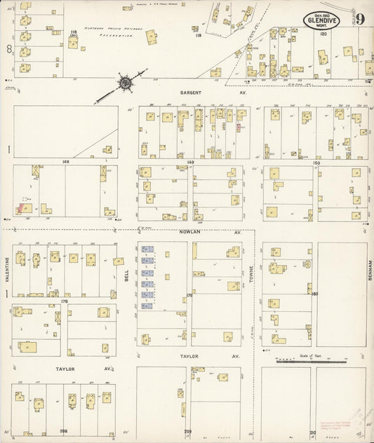 Sanborn Fire Insurance Map from Glendive, Dawson County, Montana (1910), Sheet #0009 - Historic Sanborn Fire Insurance Map Print, vintage old map wall art, antique decor, genealogy gift, Montana Montana map