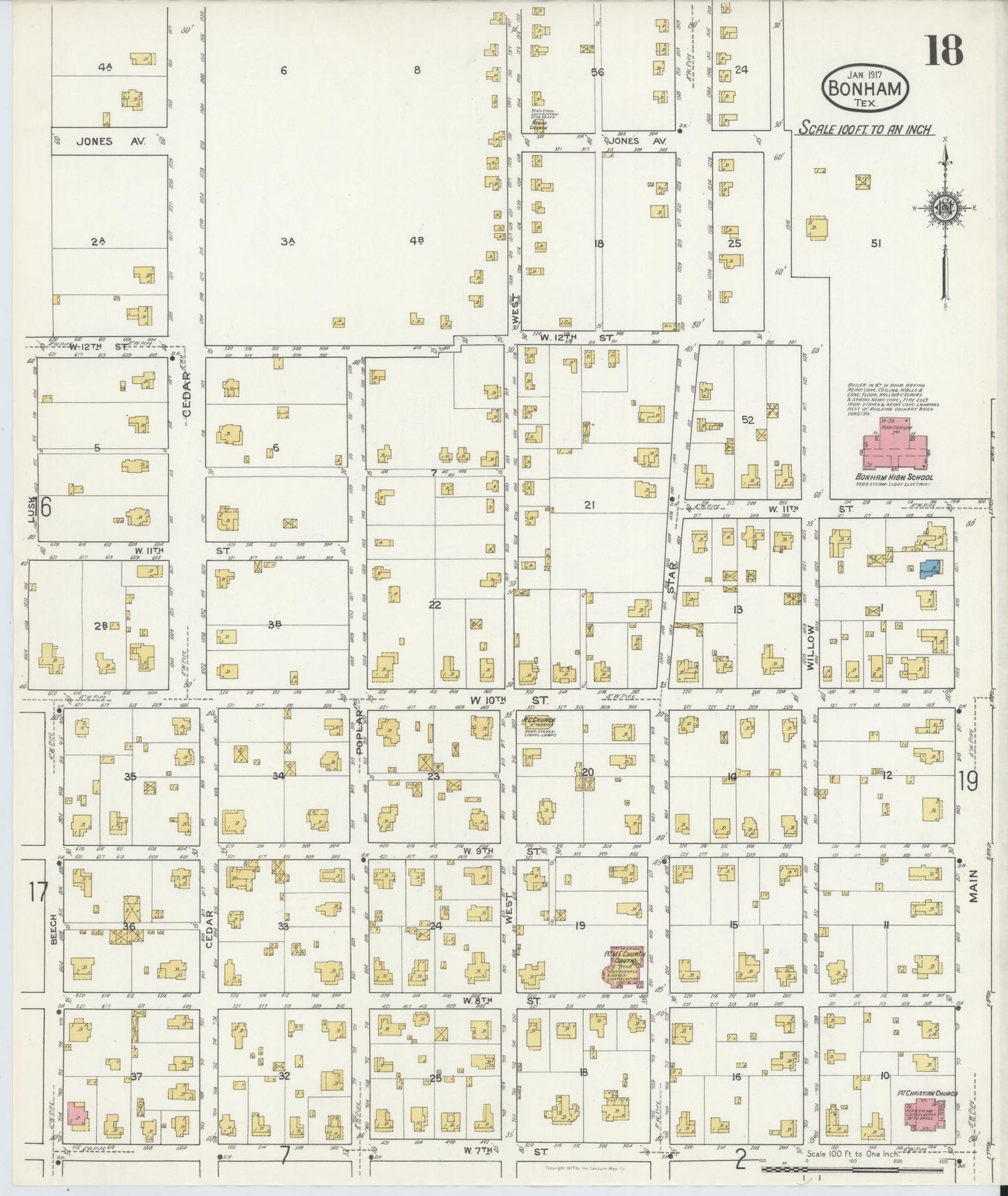 Sanborn Fire Insurance Map from Bonham, Fannin County, Texas (1917), Sheet #0018 - Historic Sanborn Fire Insurance Map Print, vintage old map wall art, antique decor, genealogy gift, Texas Texas map