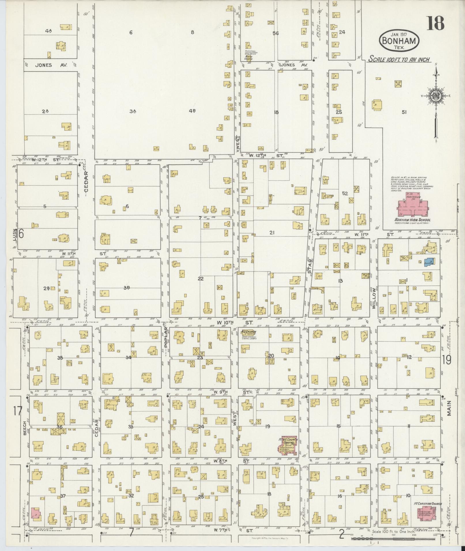 Sanborn Fire Insurance Map from Bonham, Fannin County, Texas (1917), Sheet #0018 - Historic Sanborn Fire Insurance Map Print, vintage old map wall art, antique decor, genealogy gift, Texas Texas map