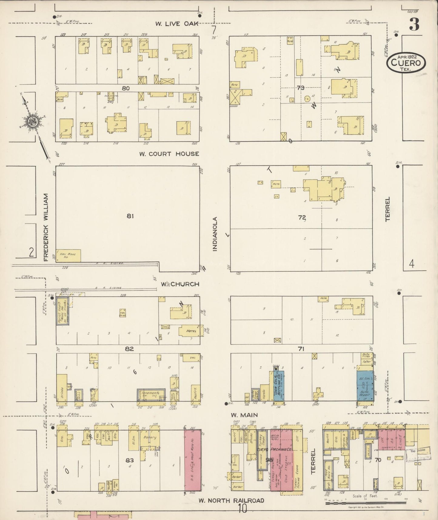 Sanborn Fire Insurance Map from Cuero, De Witt County, Texas (1922), Sheet #0003 - Historic Sanborn Fire Insurance Map Print, vintage old map wall art, antique decor, genealogy gift, Texas Texas map