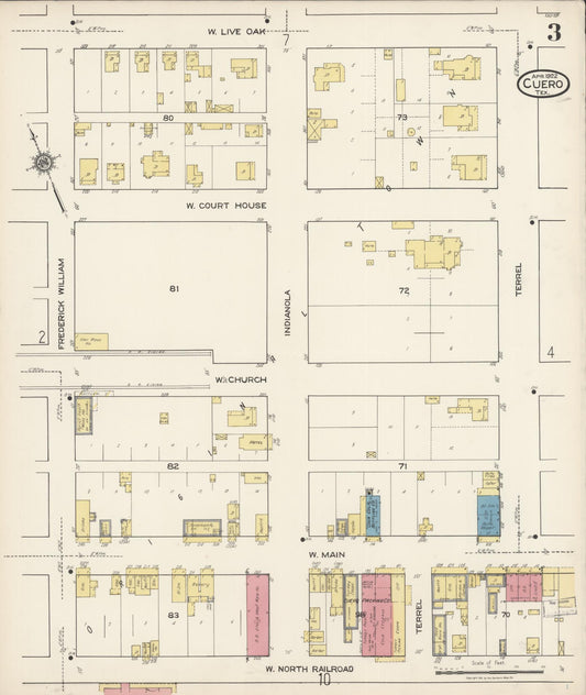 Sanborn Fire Insurance Map from Cuero, De Witt County, Texas (1922), Sheet #0003 - Historic Sanborn Fire Insurance Map Print, vintage old map wall art, antique decor, genealogy gift, Texas Texas map