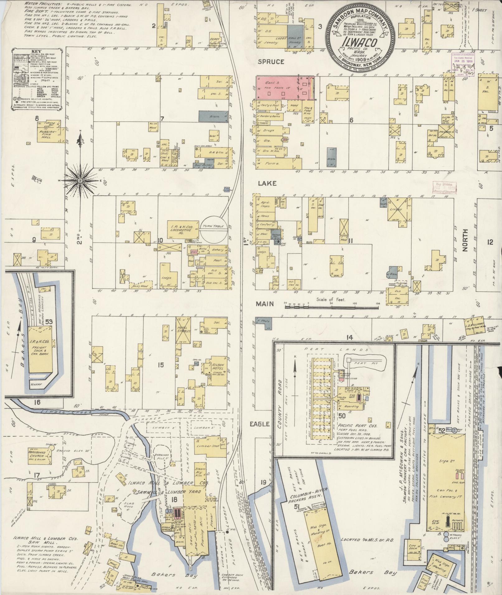 Sanborn Fire Insurance Map from Ilwaco, Pacific County, Washington (1909), Sheet #0001 - Historic Sanborn Fire Insurance Map Print, vintage old map wall art, antique decor, genealogy gift, Washington Washington map