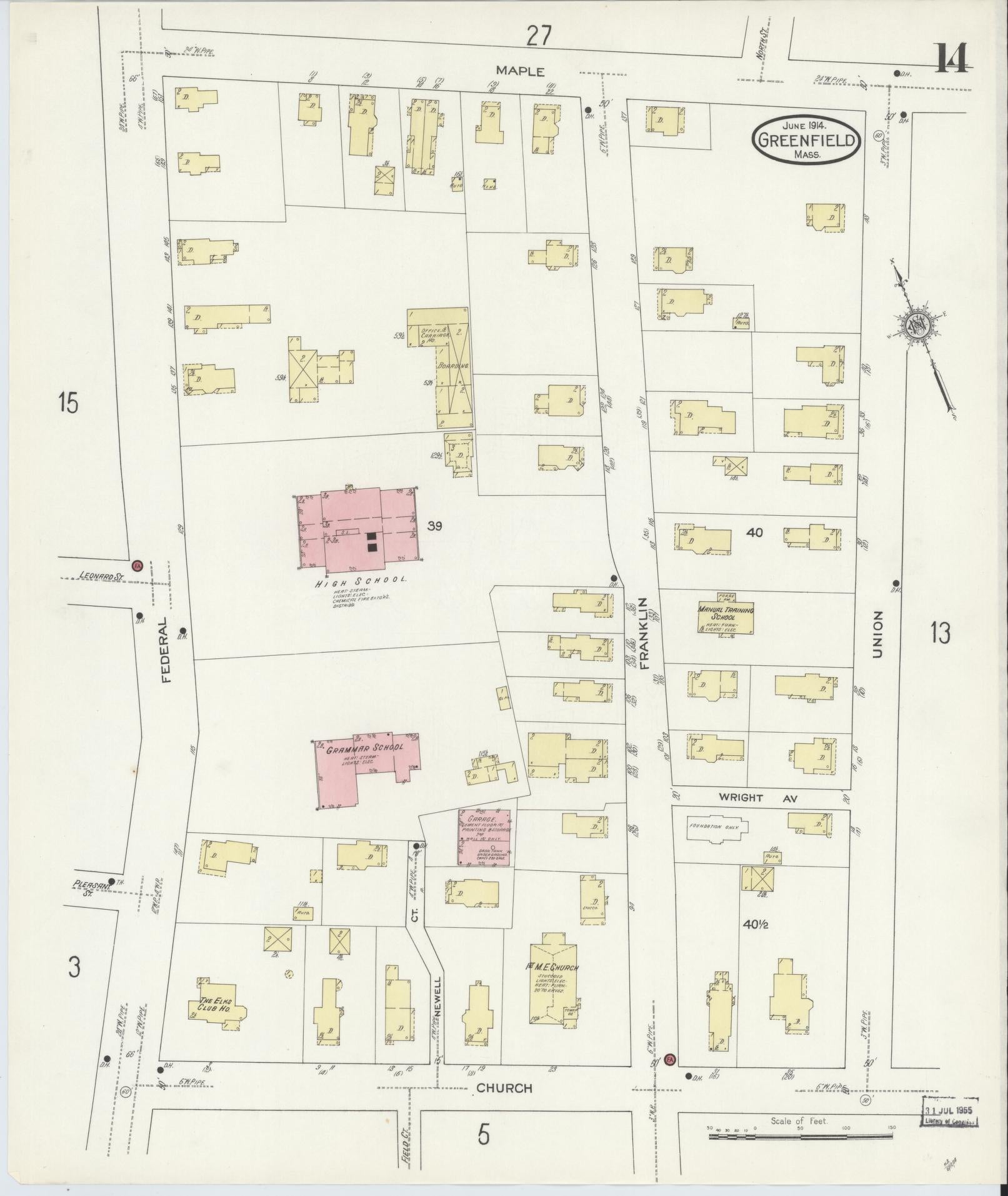 Sanborn Fire Insurance Map from Greenfield, Franklin County, Massachusetts (1914), Sheet #0014 - Complete Map Set gallery image, historic Sanborn map, vintage wall art, Massachusetts Massachusetts