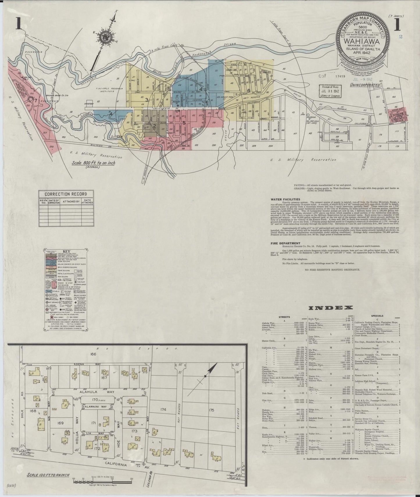 Sanborn Fire Insurance Map from Wahiawa, Honolulu County, Hawaii (1942), Sheet #0001 - Historic Sanborn Fire Insurance Map Print, vintage old map wall art, antique decor, genealogy gift, Hawaii Hawaii map
