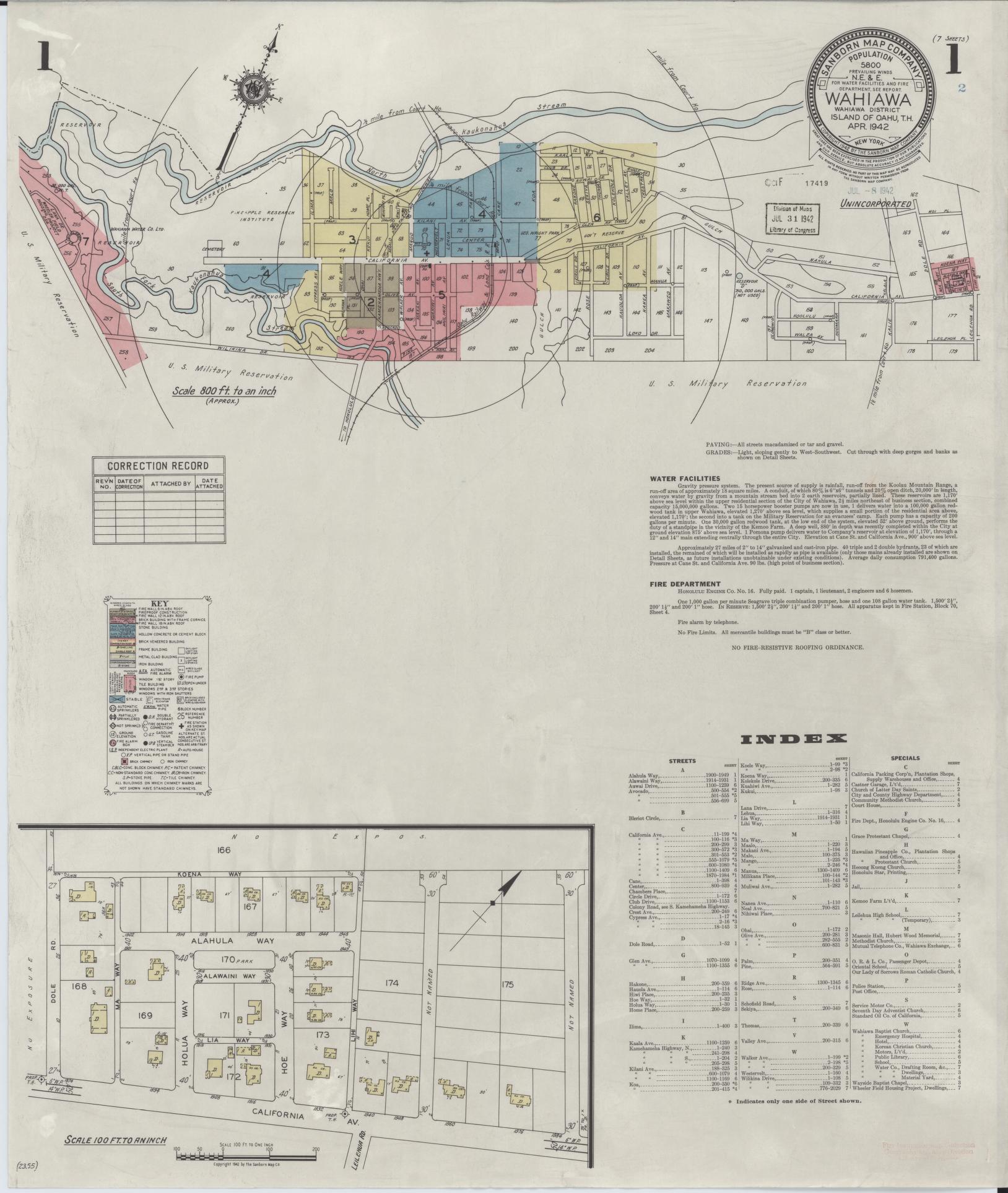 Sanborn Fire Insurance Map from Wahiawa, Honolulu County, Hawaii (1942), Sheet #0001 - Historic Sanborn Fire Insurance Map Print, vintage old map wall art, antique decor, genealogy gift, Hawaii Hawaii map