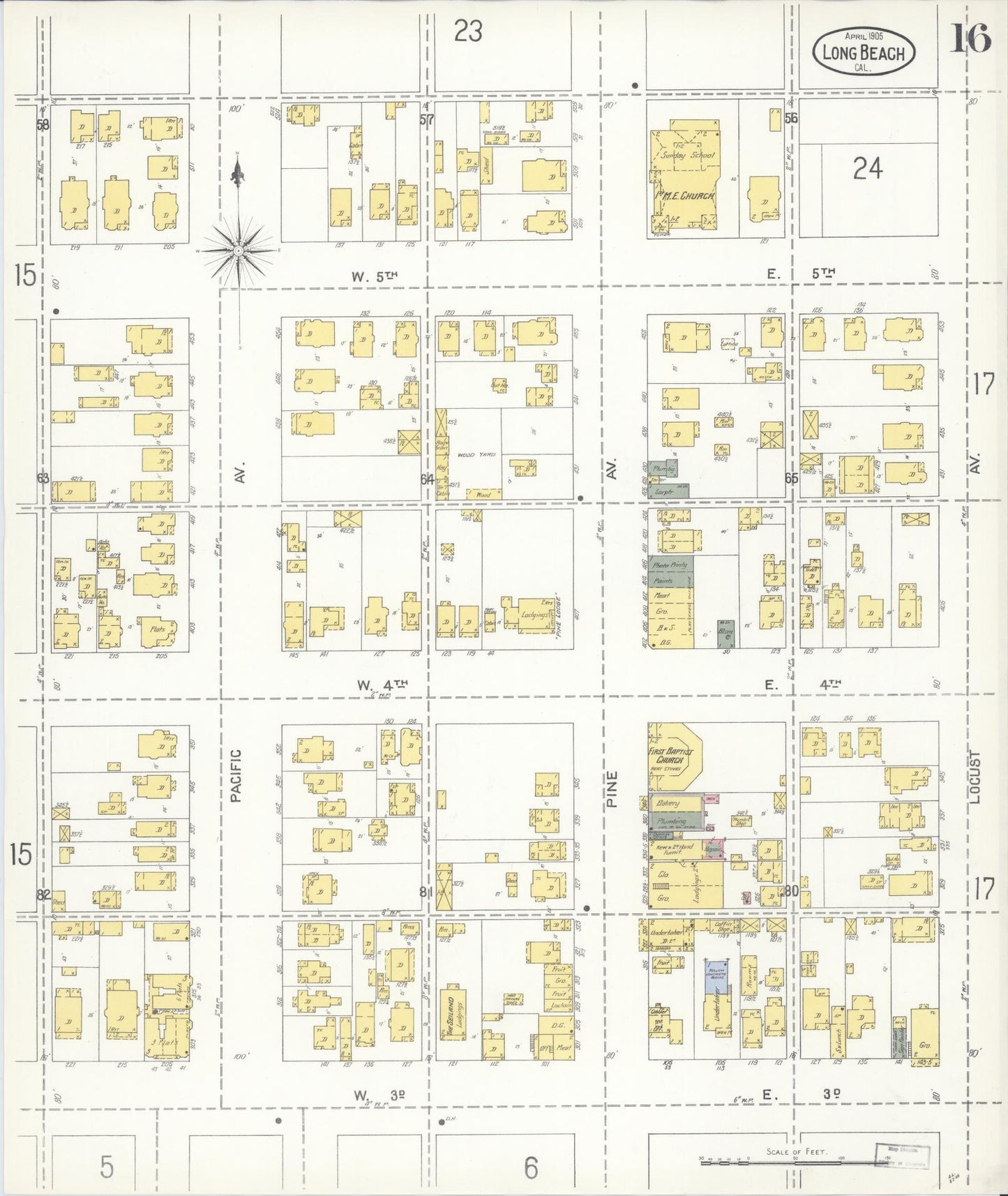 Sanborn Fire Insurance Map from Long Beach, Los Angeles County, California (1905), Sheet #0016 - Historic Sanborn Fire Insurance Map Print, vintage old map wall art, antique decor, genealogy gift, California California map