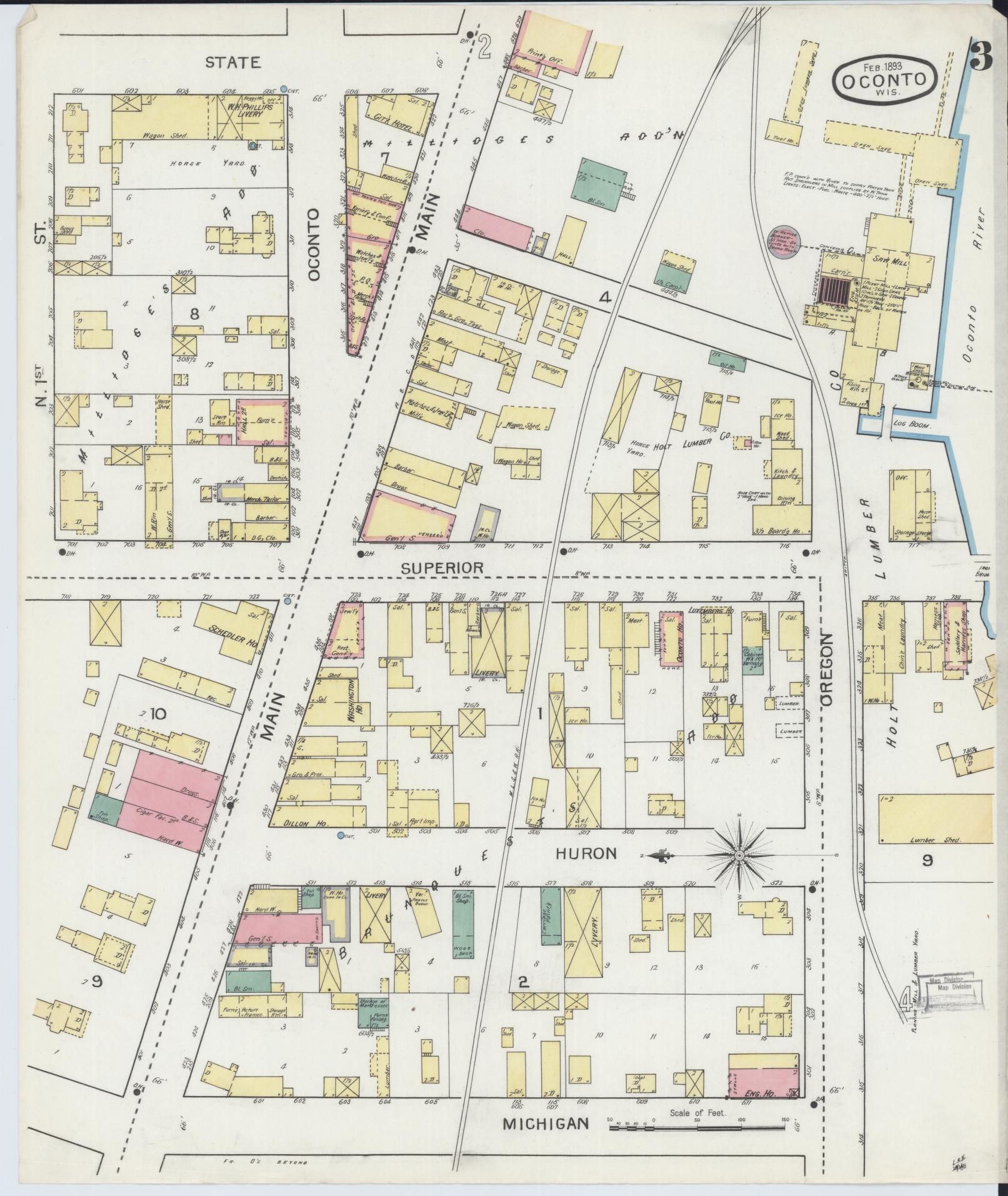 Sanborn Fire Insurance Map from Oconto, Oconto County, Wisconsin (1893), Sheet #0003 - Complete Map Set gallery image, historic Sanborn map, vintage wall art, Wisconsin Wisconsin