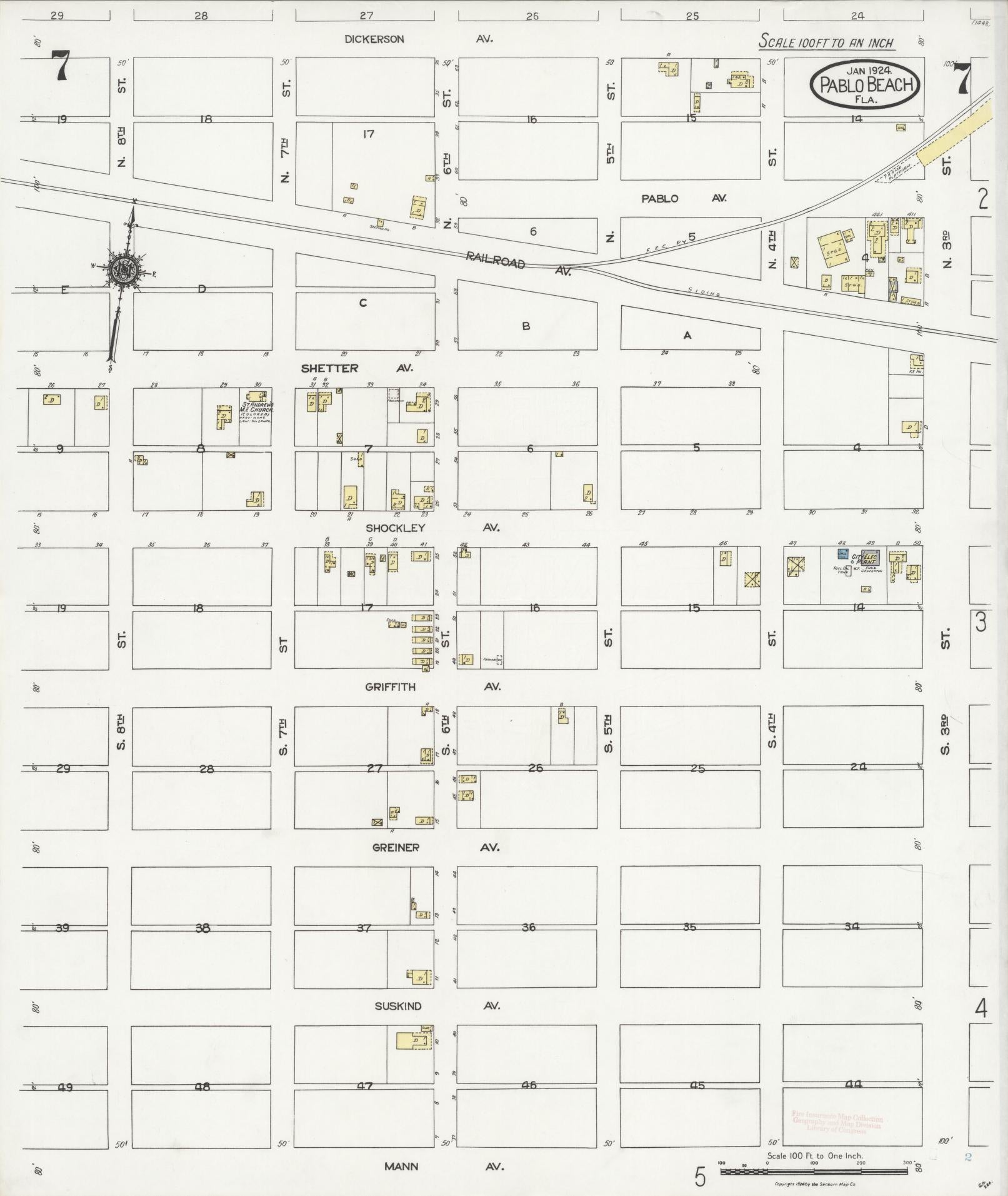 Sanborn Fire Insurance Map from Pablo Beach, Duval County, Florida (1924), Sheet #0007 - Complete Map Set gallery image, historic Sanborn map, vintage wall art, Florida Florida