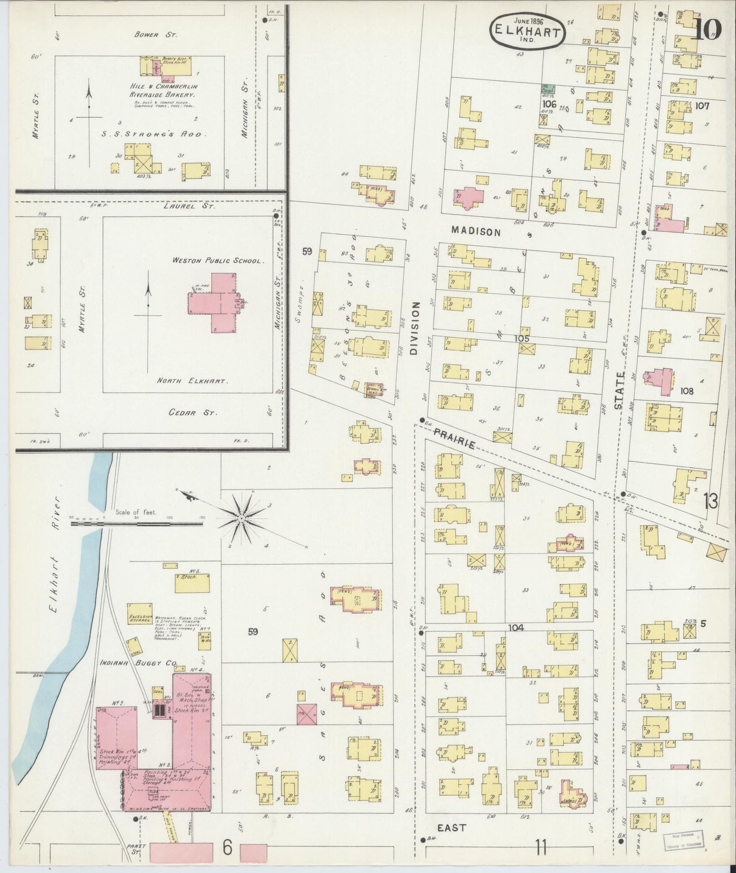 Sanborn Fire Insurance Map from Elkhart, Elkhart County, Indiana (1896), Sheet #0010 - Historic Sanborn Fire Insurance Map Print, vintage old map wall art, antique decor, genealogy gift, Indiana Indiana map
