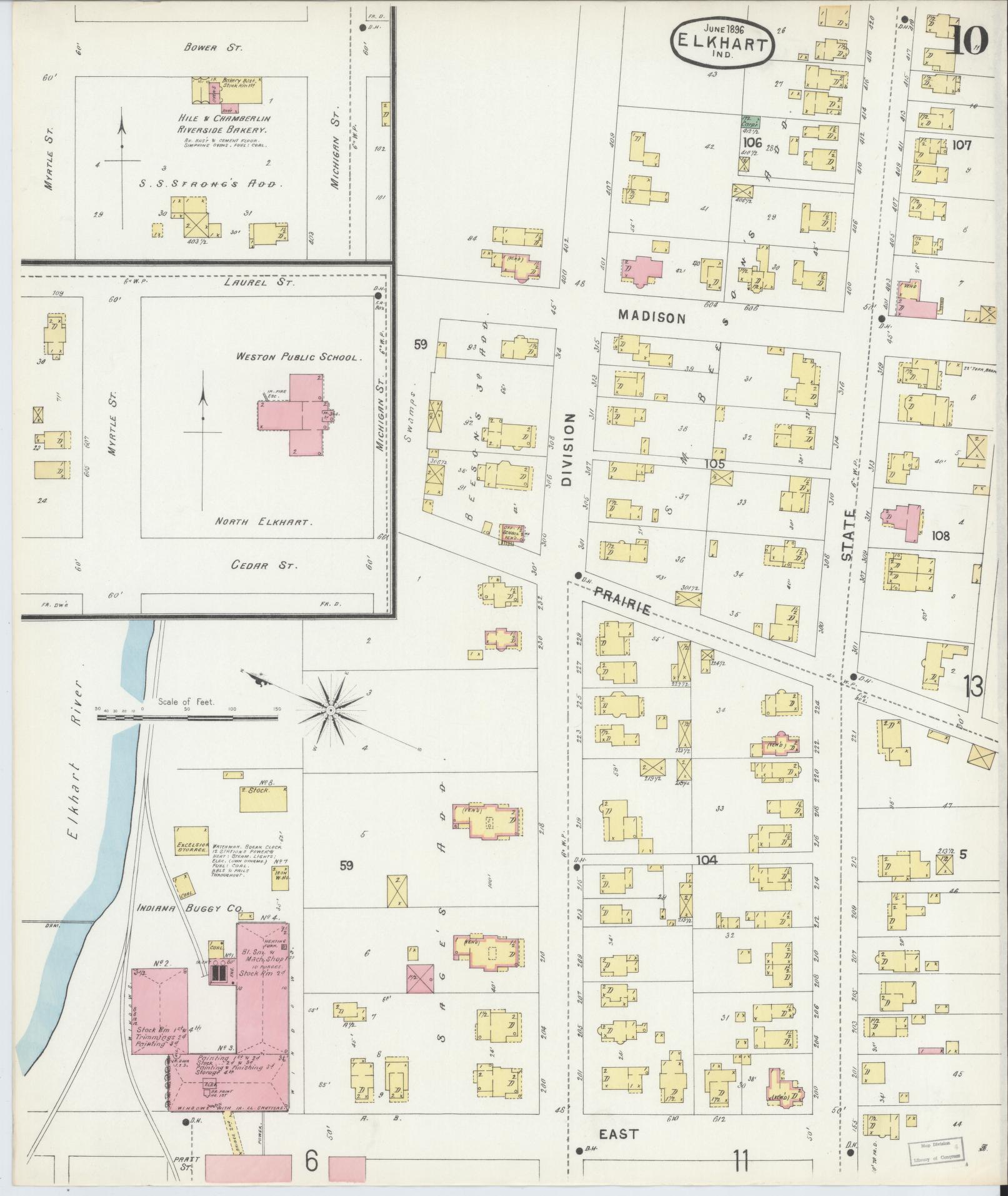 Sanborn Fire Insurance Map from Elkhart, Elkhart County, Indiana (1896), Sheet #0010 - Historic Sanborn Fire Insurance Map Print, vintage old map wall art, antique decor, genealogy gift, Indiana Indiana map