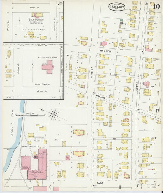 Sanborn Fire Insurance Map from Elkhart, Elkhart County, Indiana (1896), Sheet #0010 - Historic Sanborn Fire Insurance Map Print, vintage old map wall art, antique decor, genealogy gift, Indiana Indiana map