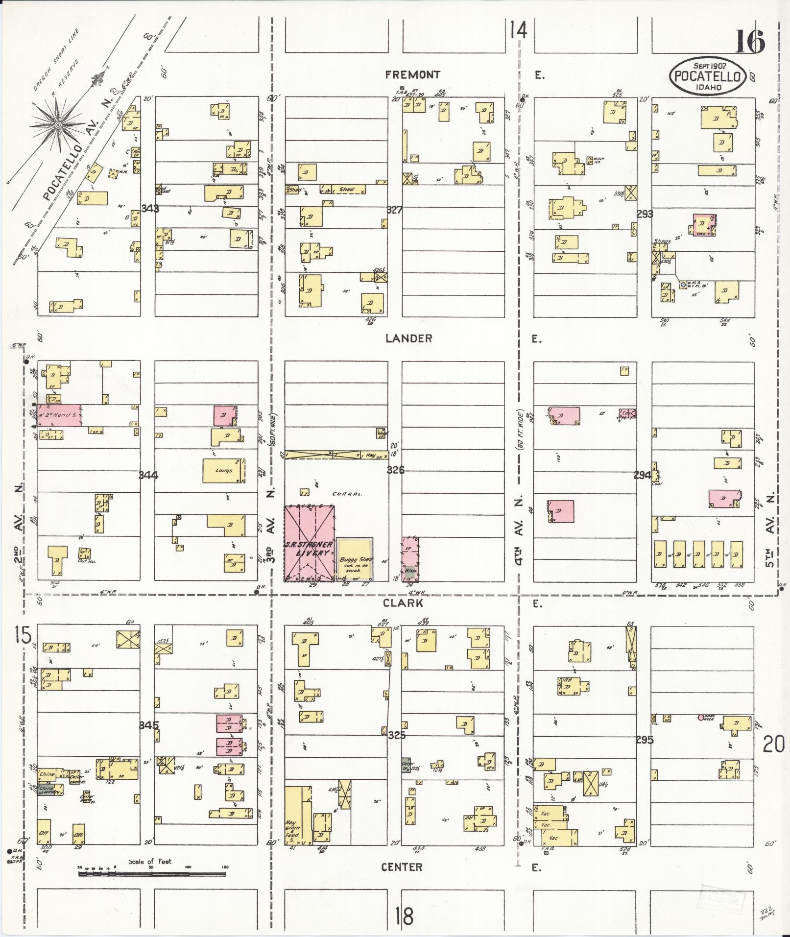 Sanborn Fire Insurance Map from Pocatello, Bannock County, Idaho (1907), Sheet #0016 - Historic Sanborn Fire Insurance Map Print, vintage old map wall art, antique decor, genealogy gift, Idaho Idaho map