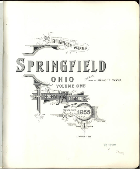 Sanborn Fire Insurance Map from Springfield, Clark County, Ohio (1955), Sheet #0001 - Complete Map Set gallery image, historic Sanborn map, vintage wall art, Ohio Ohio