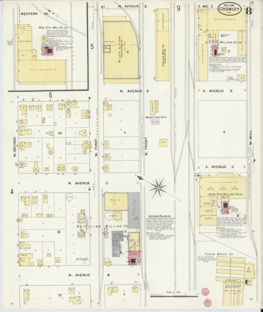 Sanborn Fire Insurance Map from Crowley, Acadia Parish, Louisiana (1909), Sheet #0008 - Historic Sanborn Fire Insurance Map Print, vintage old map wall art, antique decor, genealogy gift, Louisiana Louisiana map
