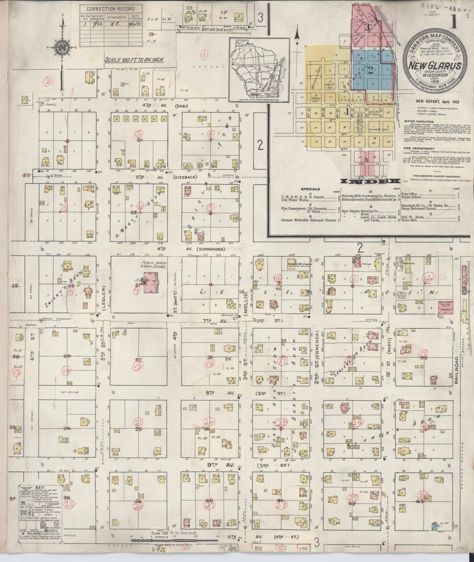 Sanborn Fire Insurance Map from New Glarus, Green County, Wisconsin (1933), Sheet #0001 - Complete Map Set gallery image, historic Sanborn map, vintage wall art, Wisconsin Wisconsin