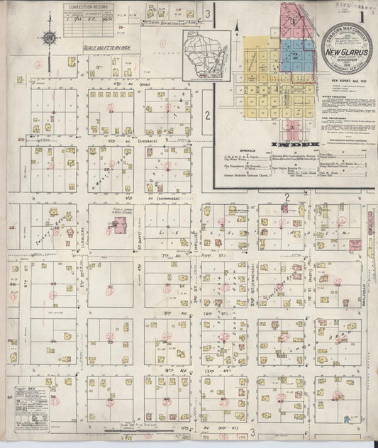 Sanborn Fire Insurance Map from New Glarus, Green County, Wisconsin (1933), Sheet #0001 - Complete Map Set gallery image, historic Sanborn map, vintage wall art, Wisconsin Wisconsin