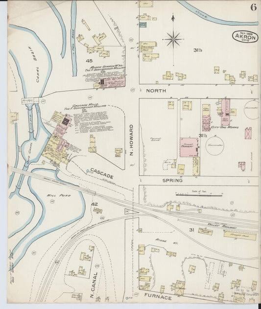 Sanborn Fire Insurance Map from Akron, Summit County, Ohio (1886), Sheet #0006 - Historic Sanborn Fire Insurance Map Print, vintage old map wall art, antique decor, genealogy gift, Ohio Ohio map