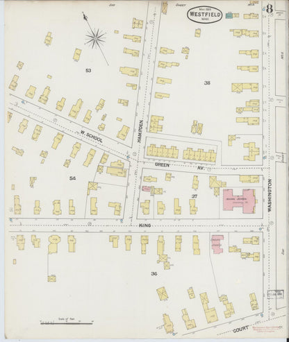 Sanborn Fire Insurance Map from Westfield, Hampden County, Massachusetts (1889), Sheet #0008 - Historic Sanborn Fire Insurance Map Print, vintage old map wall art, antique decor, genealogy gift, Massachusetts Massachusetts map