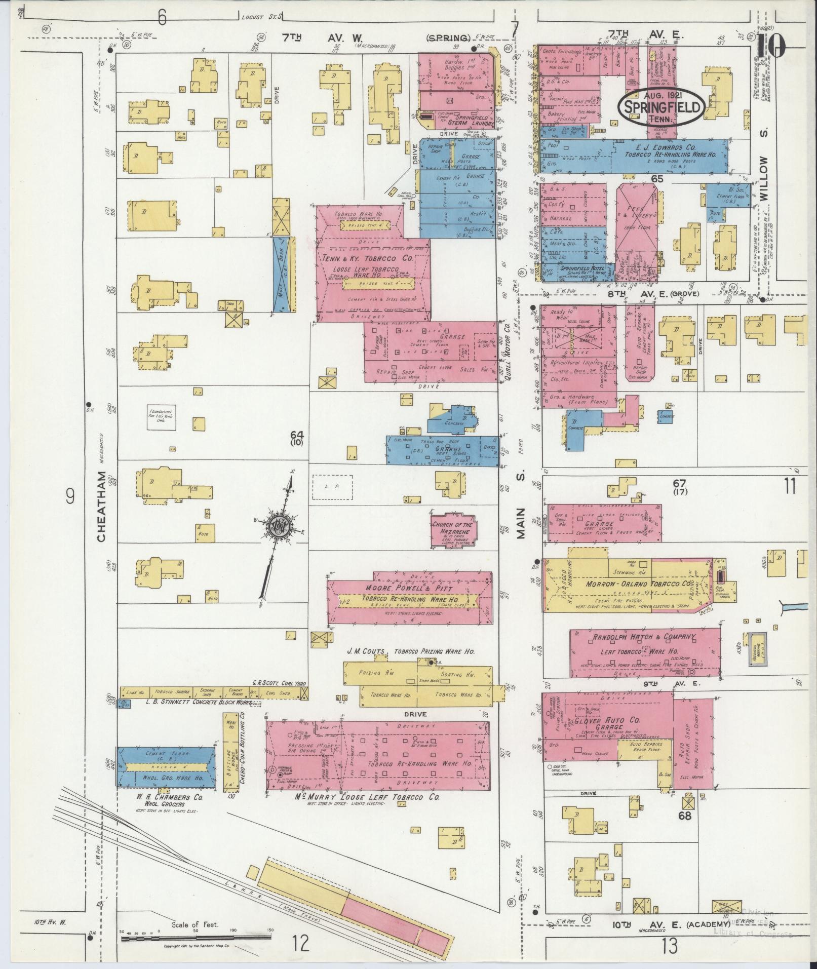 Sanborn Fire Insurance Map from Springfield, Robertson County, Tennessee (1921), Sheet #0010 - Historic Sanborn Fire Insurance Map Print, vintage old map wall art, antique decor, genealogy gift, Tennessee Tennessee map