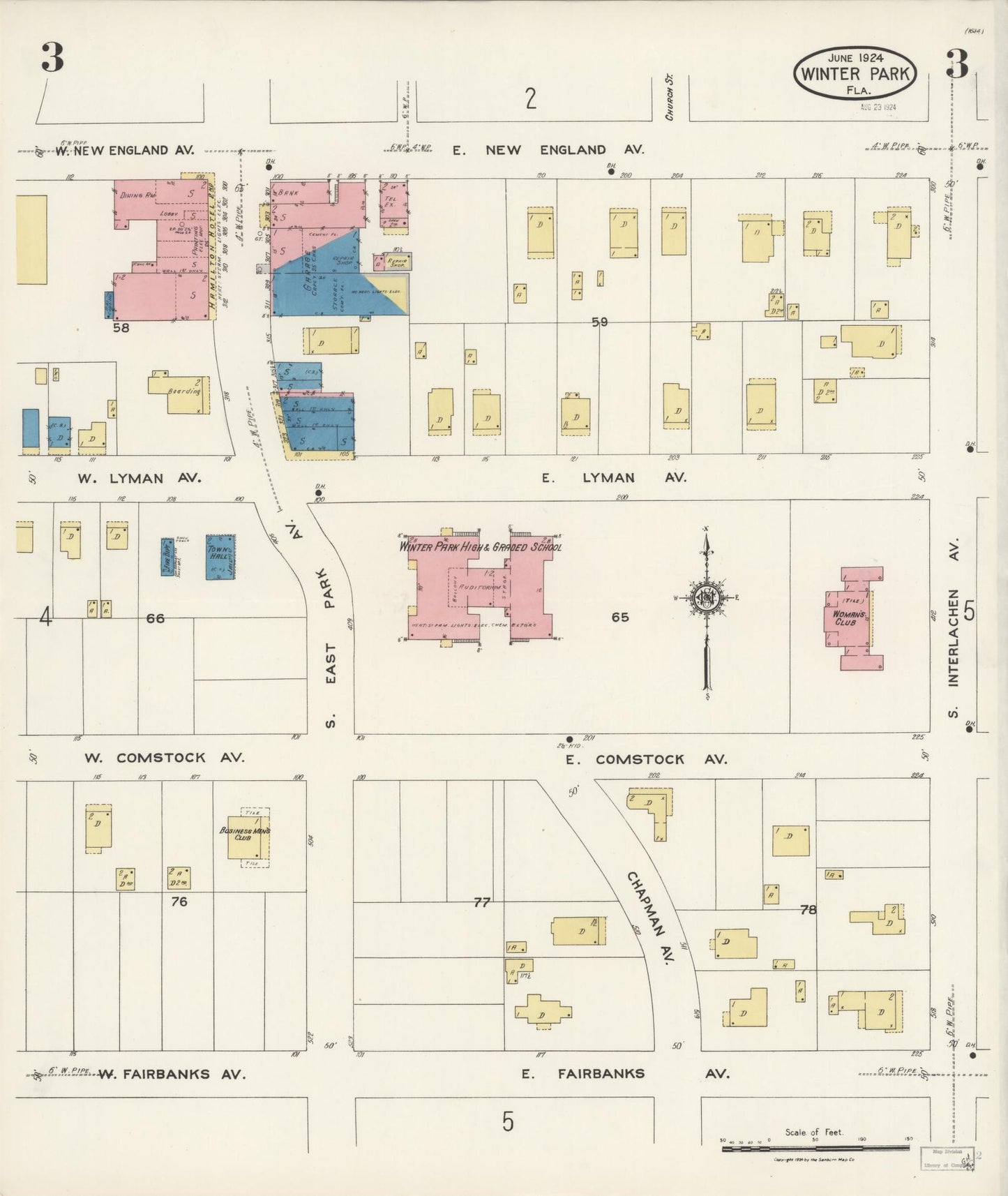 Sanborn Fire Insurance Map from Winter Park, Orange County, Florida (1924), Sheet #0003 - Complete Map Set gallery image, historic Sanborn map, vintage wall art, Florida Florida