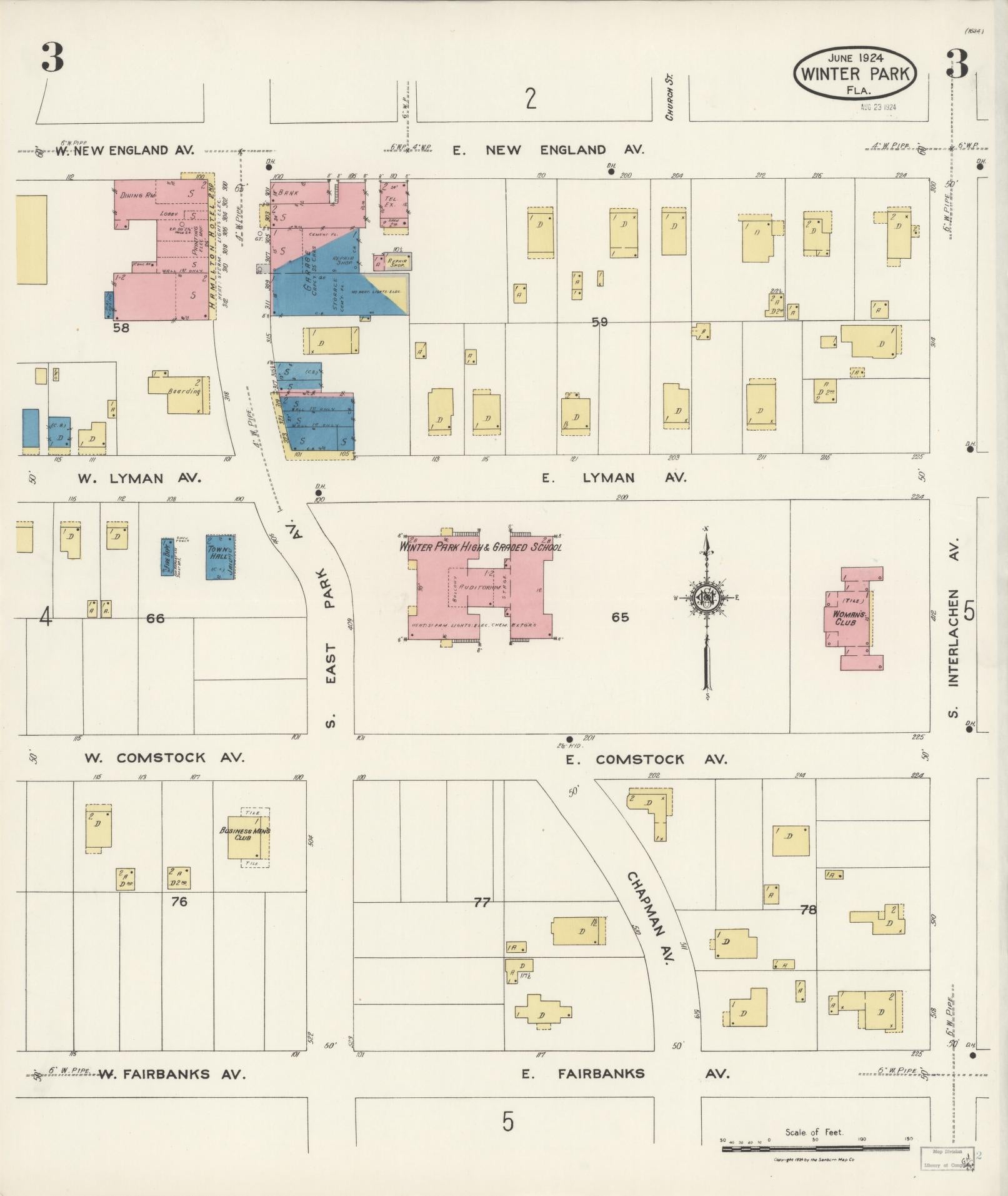 Sanborn Fire Insurance Map from Winter Park, Orange County, Florida (1924), Sheet #0003 - Complete Map Set gallery image, historic Sanborn map, vintage wall art, Florida Florida