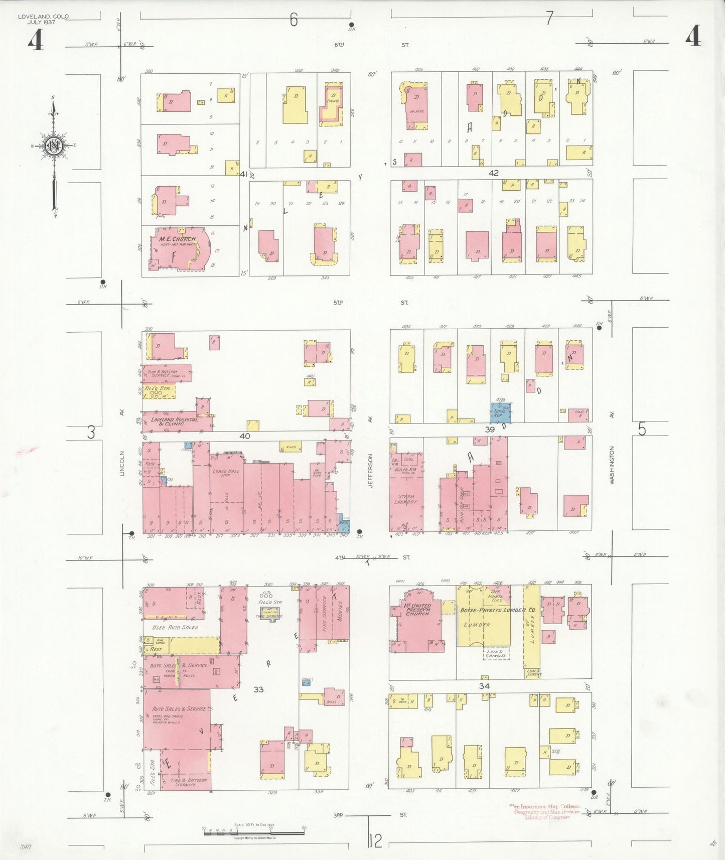 Sanborn Fire Insurance Map from Loveland, Larimer County, Colorado (1937), Sheet #0004 - Historic Sanborn Fire Insurance Map Print, vintage old map wall art, antique decor, genealogy gift, Colorado Colorado map