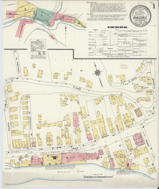 Sanborn Fire Insurance Map from Hinsdale, Cheshire County, New Hampshire (1910), Sheet #0001 - Complete Map Set gallery image, historic Sanborn map, vintage wall art, New Hampshire New Hampshire