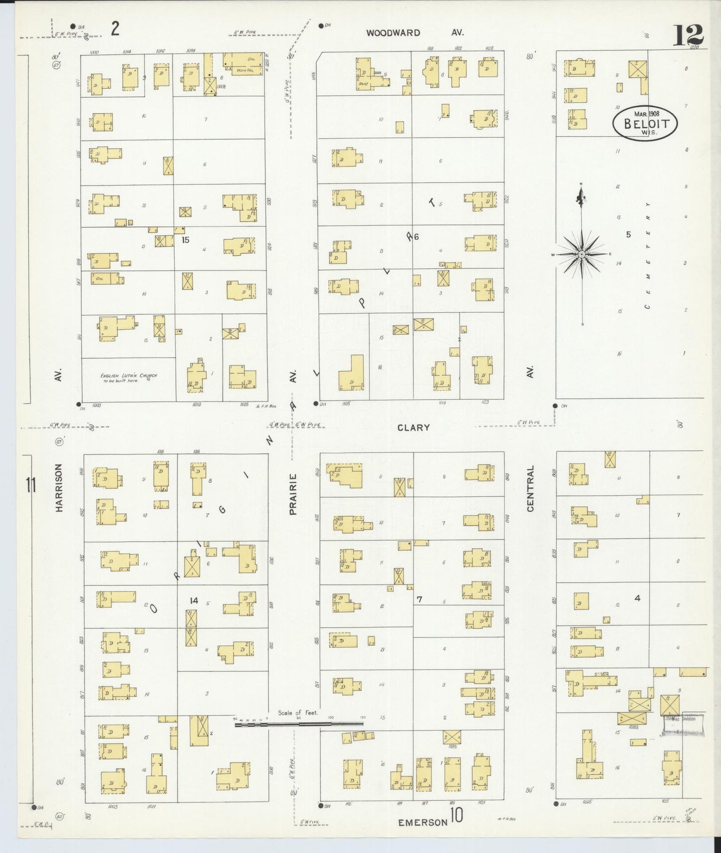 Sanborn Fire Insurance Map from Beloit, Rock County, Wisconsin (1908), Sheet #0012 - Historic Sanborn Fire Insurance Map Print, vintage old map wall art, antique decor, genealogy gift, Wisconsin Wisconsin map